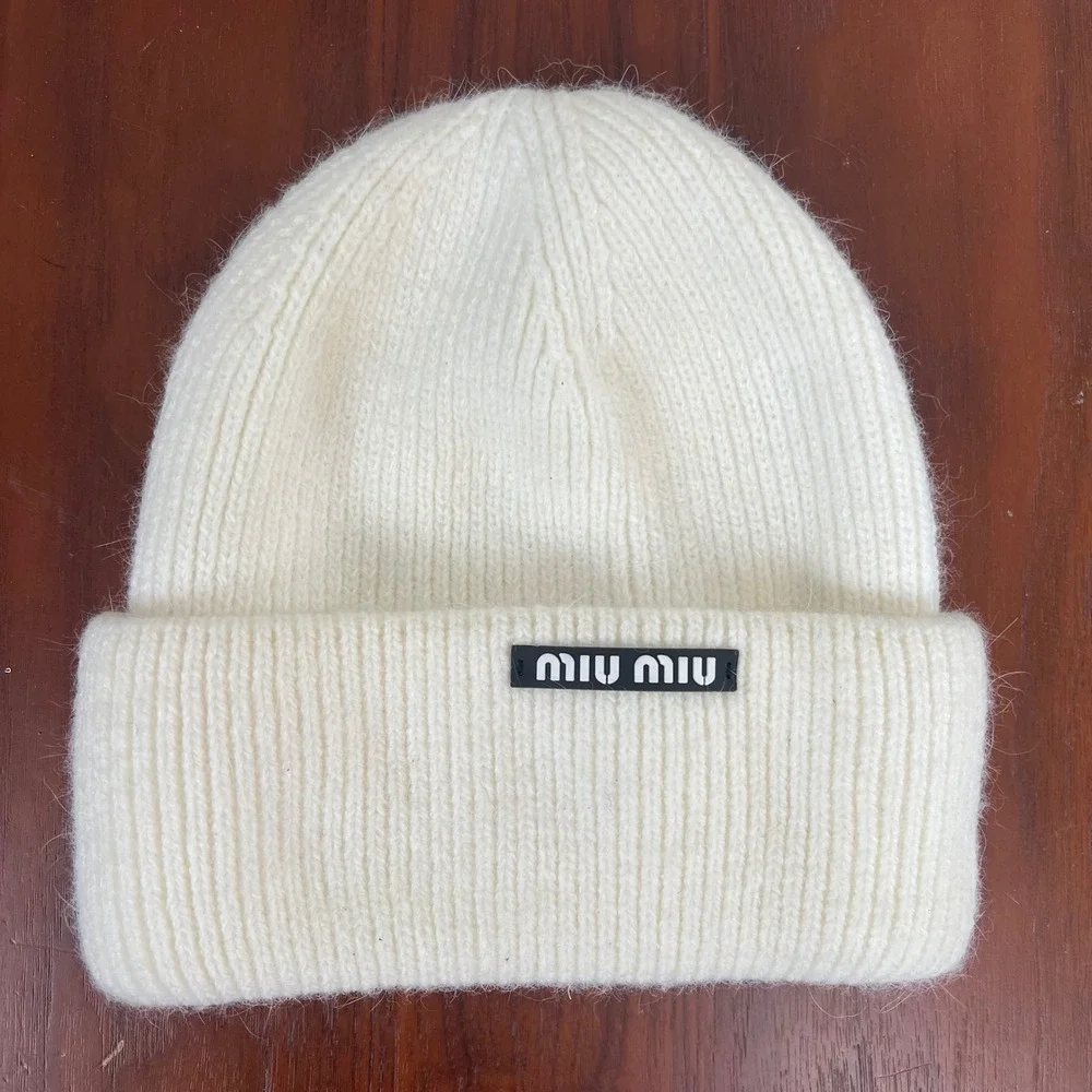 Miu Miu Cream White Ribbed Mohair Blend Beanie Logo Patch Made in Italy Hat